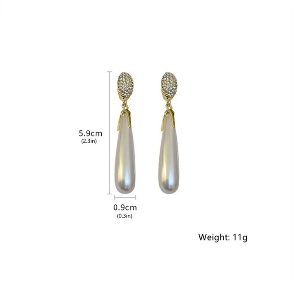 White Women's Large Teardrop Faux Pearl & Rhinestone Decor Earrings